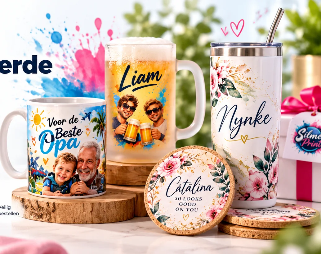 Gepersonaliseerde mok, bierpul, thermobeker en onderzetters van Silmer Print
